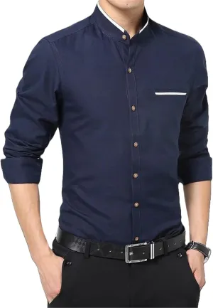 Men's Non-Iron Mandarin Collar Shirt Long Sleeve Slim Fit Business Casual Top Spring Autumn