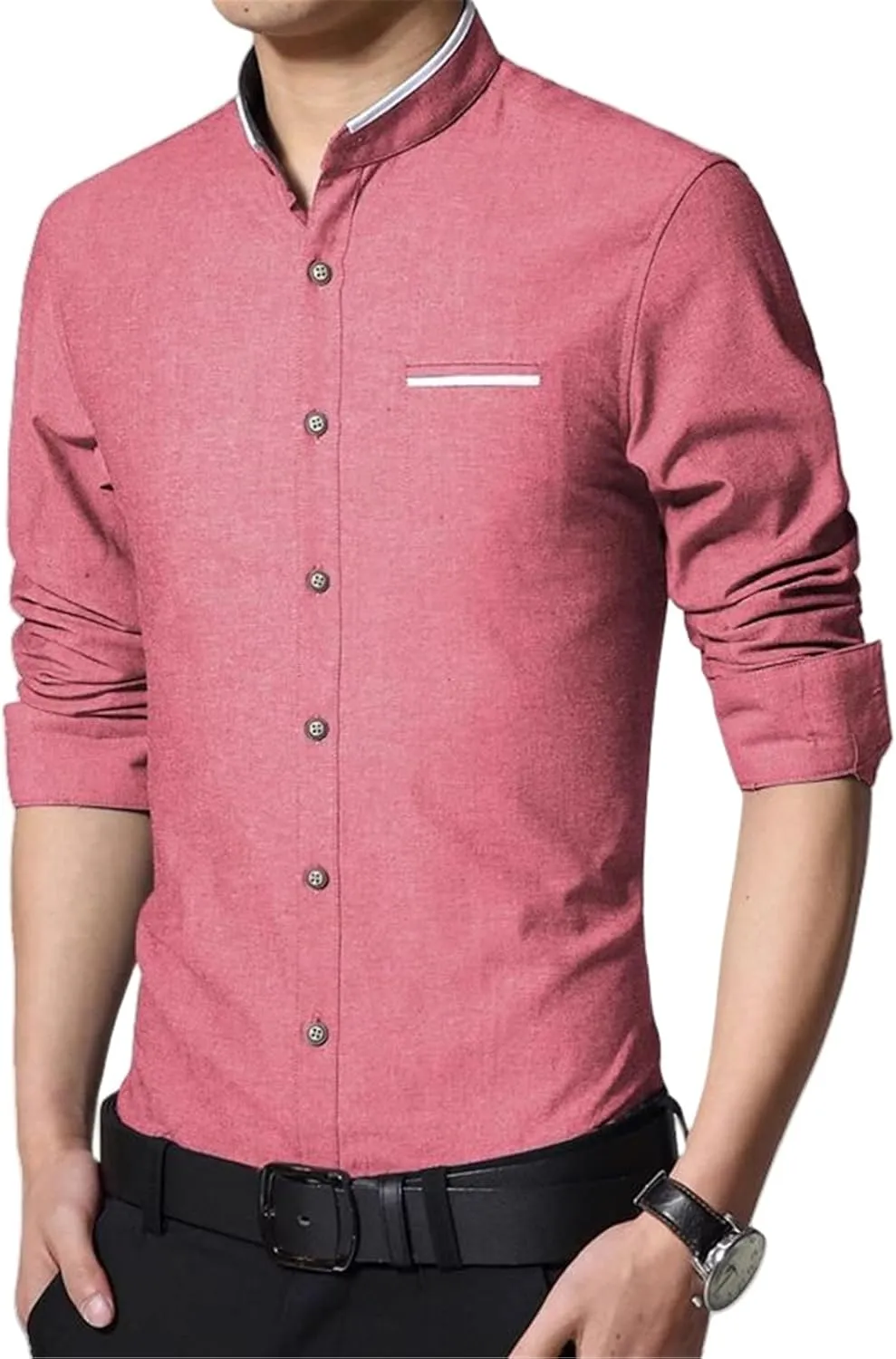 Men's Non-Iron Mandarin Collar Shirt Long Sleeve Slim Fit Business Casual Top Spring Autumn