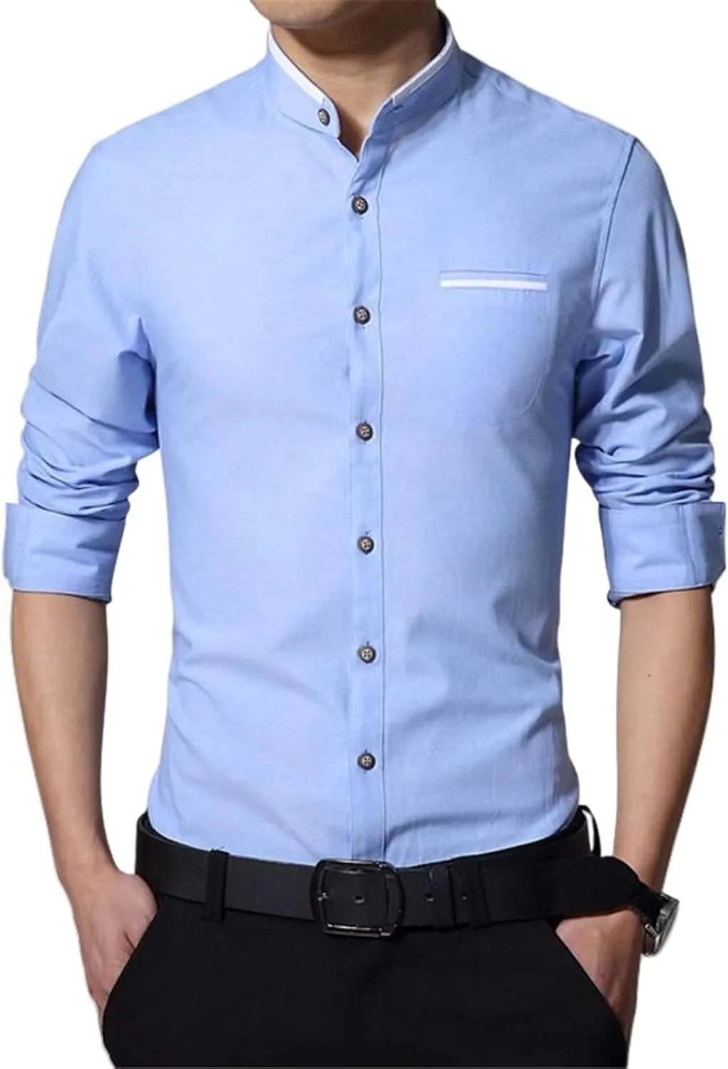 Men's Non-Iron Mandarin Collar Shirt Long Sleeve Slim Fit Business Casual Top Spring Autumn