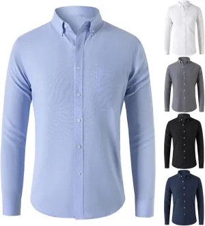 Mens Oxford Dress Shirts Long Sleeve Button Down Collar Solid Casual Tops Gentleman Apparel Clothes