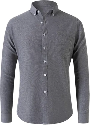 Mens Oxford Dress Shirts Long Sleeve Button Down Collar Solid Casual Tops Gentleman Apparel Clothes