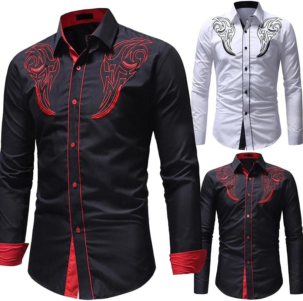 Mens Paisley Shirt Western Cowboy Embroidery Long Sleeve Button Down Dress Shirt Stylish Hipster Poplin Oxford Shirt