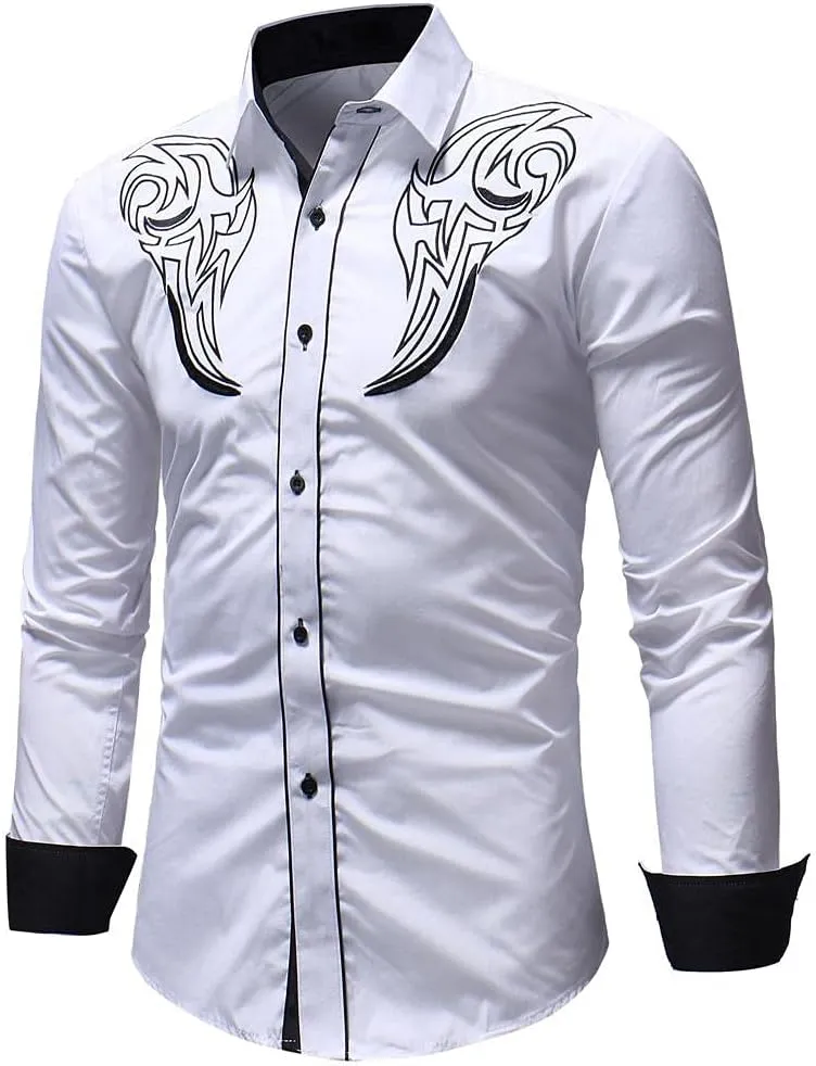 Mens Paisley Shirt Western Cowboy Embroidery Long Sleeve Button Down Dress Shirt Stylish Hipster Poplin Oxford Shirt