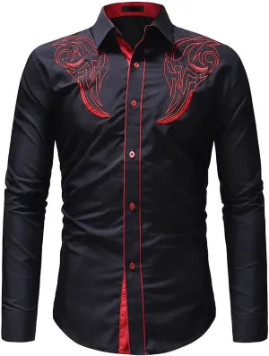 Mens Paisley Shirt Western Cowboy Embroidery Long Sleeve Button Down Dress Shirt Stylish Hipster Poplin Oxford Shirt