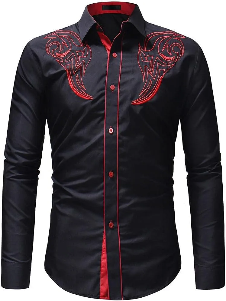 Mens Paisley Shirt Western Cowboy Embroidery Long Sleeve Button Down Dress Shirt Stylish Hipster Poplin Oxford Shirt