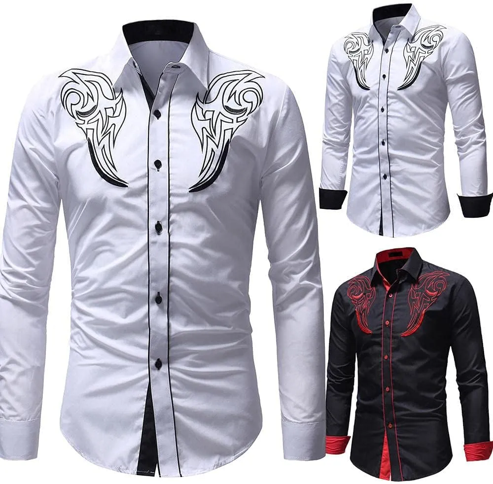Mens Paisley Shirt Western Cowboy Embroidery Long Sleeve Button Down Dress Shirt Stylish Hipster Poplin Oxford Shirt