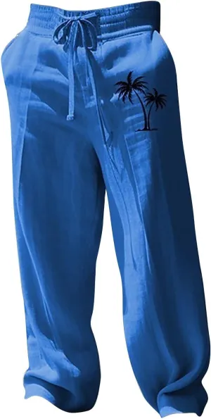Mens Pants Casual Relaxed Fit Elastic Waist Big and Tall Yoga Pants with Pockets Summer Wide Leg Beach Trousers