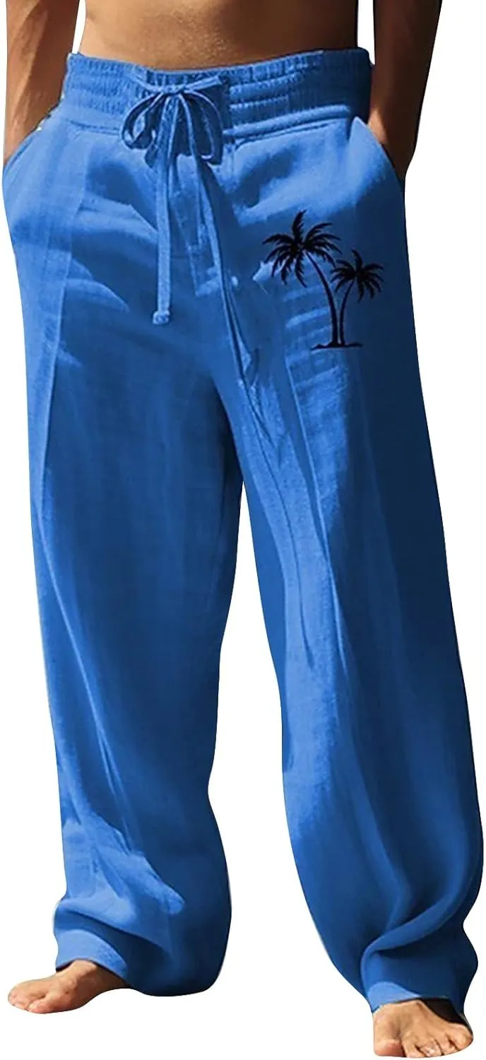 Mens Pants Casual Relaxed Fit Elastic Waist Big and Tall Yoga Pants with Pockets Summer Wide Leg Beach Trousers