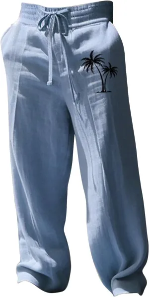 Mens Pants Casual Relaxed Fit Elastic Waist Big and Tall Yoga Pants with Pockets Summer Wide Leg Beach Trousers