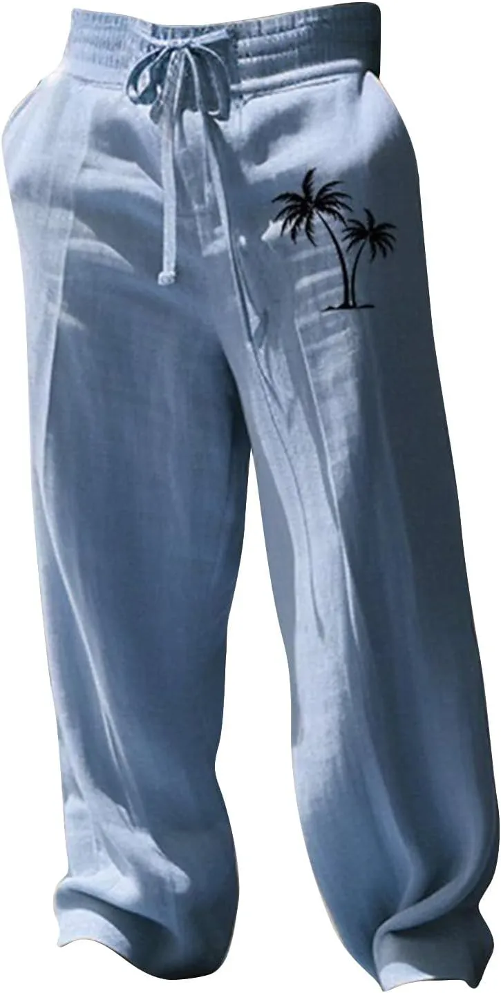 Mens Pants Casual Relaxed Fit Elastic Waist Big and Tall Yoga Pants with Pockets Summer Wide Leg Beach Trousers