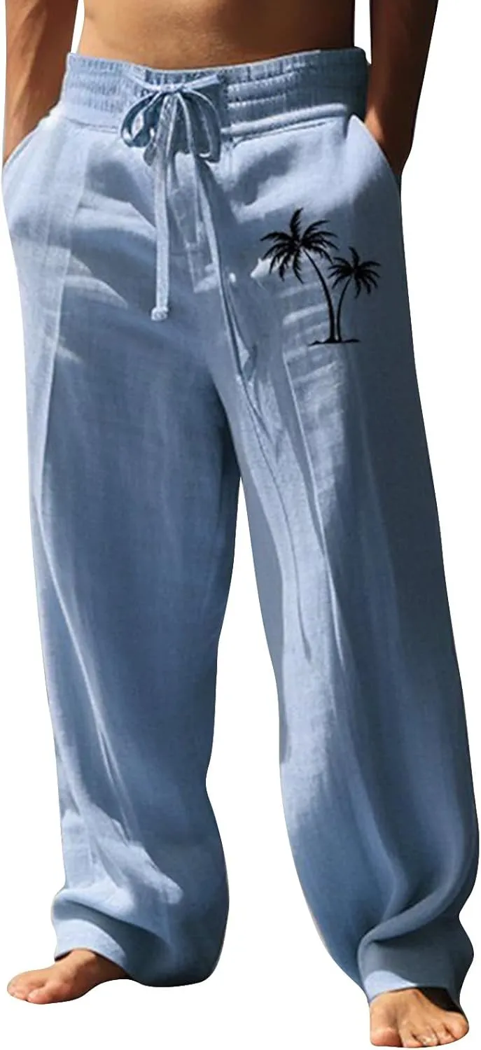 Mens Pants Casual Relaxed Fit Elastic Waist Big and Tall Yoga Pants with Pockets Summer Wide Leg Beach Trousers