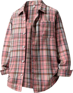 Men's Plaid Shirt Spring Fall Checkered Oversized Blouse Top Loose Long Sleeve Button Down Casual Cardigan with Pocket