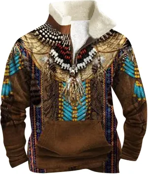 Mens Quarter Zipper Fleece Lined Sweatshirts 2024 Thermal Warm Stand Collar Vintage Graphic Print Pullover