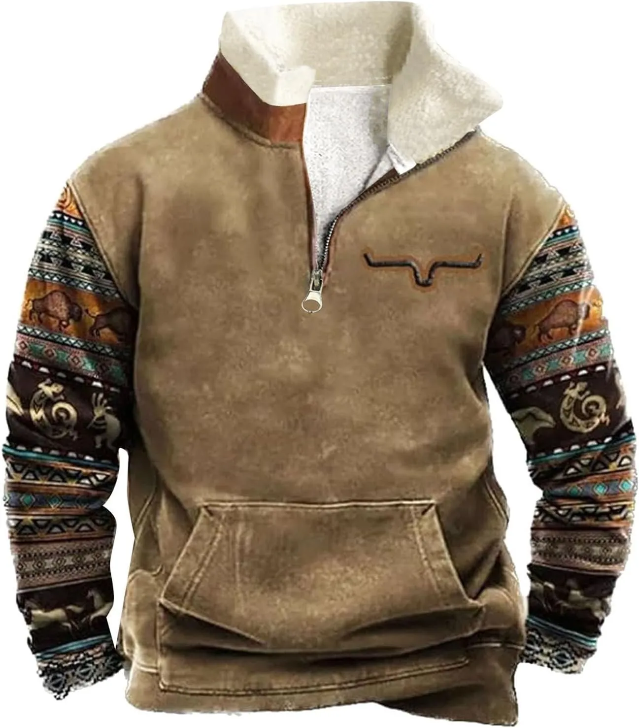 Mens Quarter Zipper Fleece Lined Sweatshirts 2024 Thermal Warm Stand Collar Vintage Graphic Print Pullover