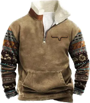 Mens Quarter Zipper Fleece Lined Sweatshirts 2024 Thermal Warm Stand Collar Vintage Graphic Print Pullover