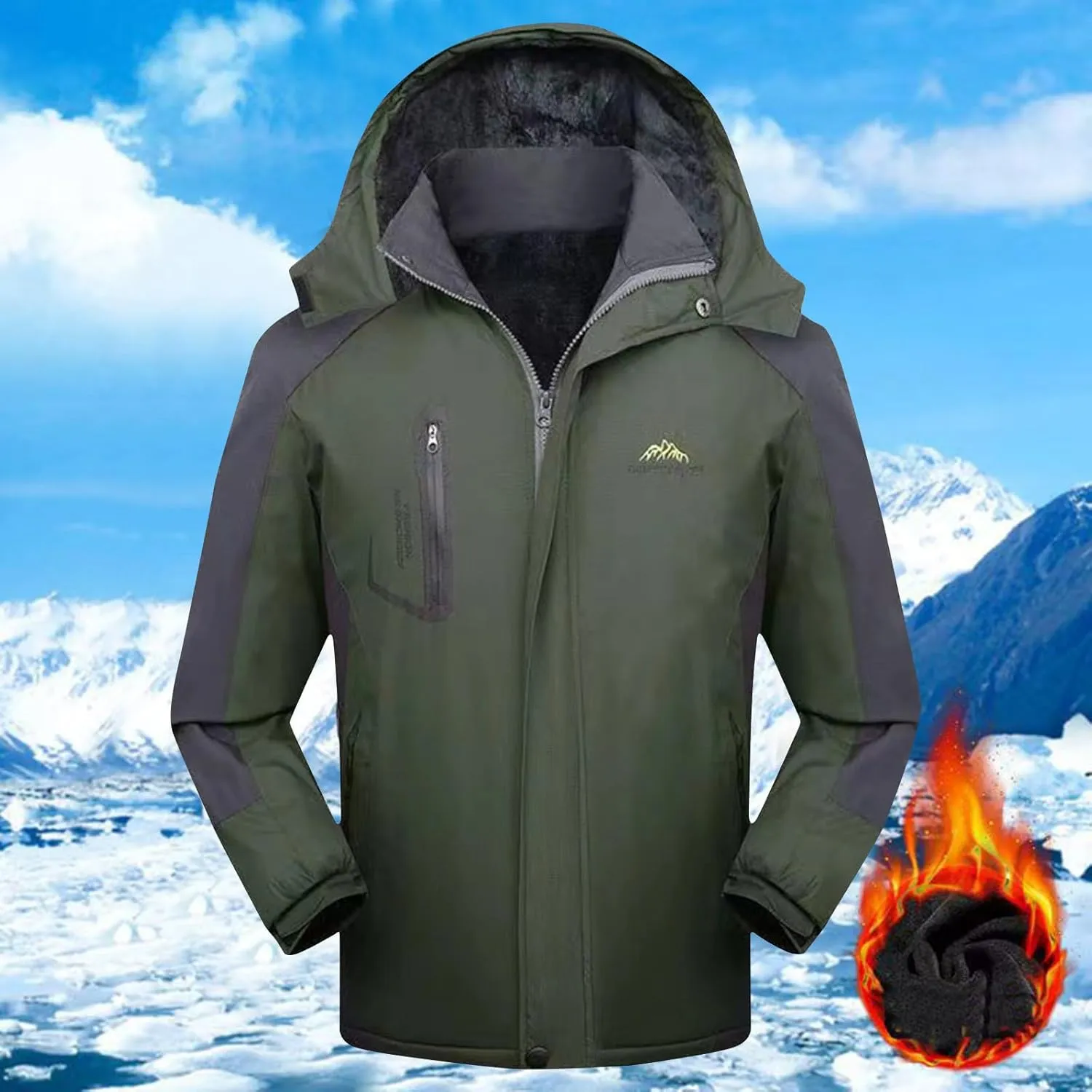Mens Rain Coats Warm Fleece Waterproof Hooded Rain Jackets Plus Size Windbreaker Pockets For Running Hiking Climbing