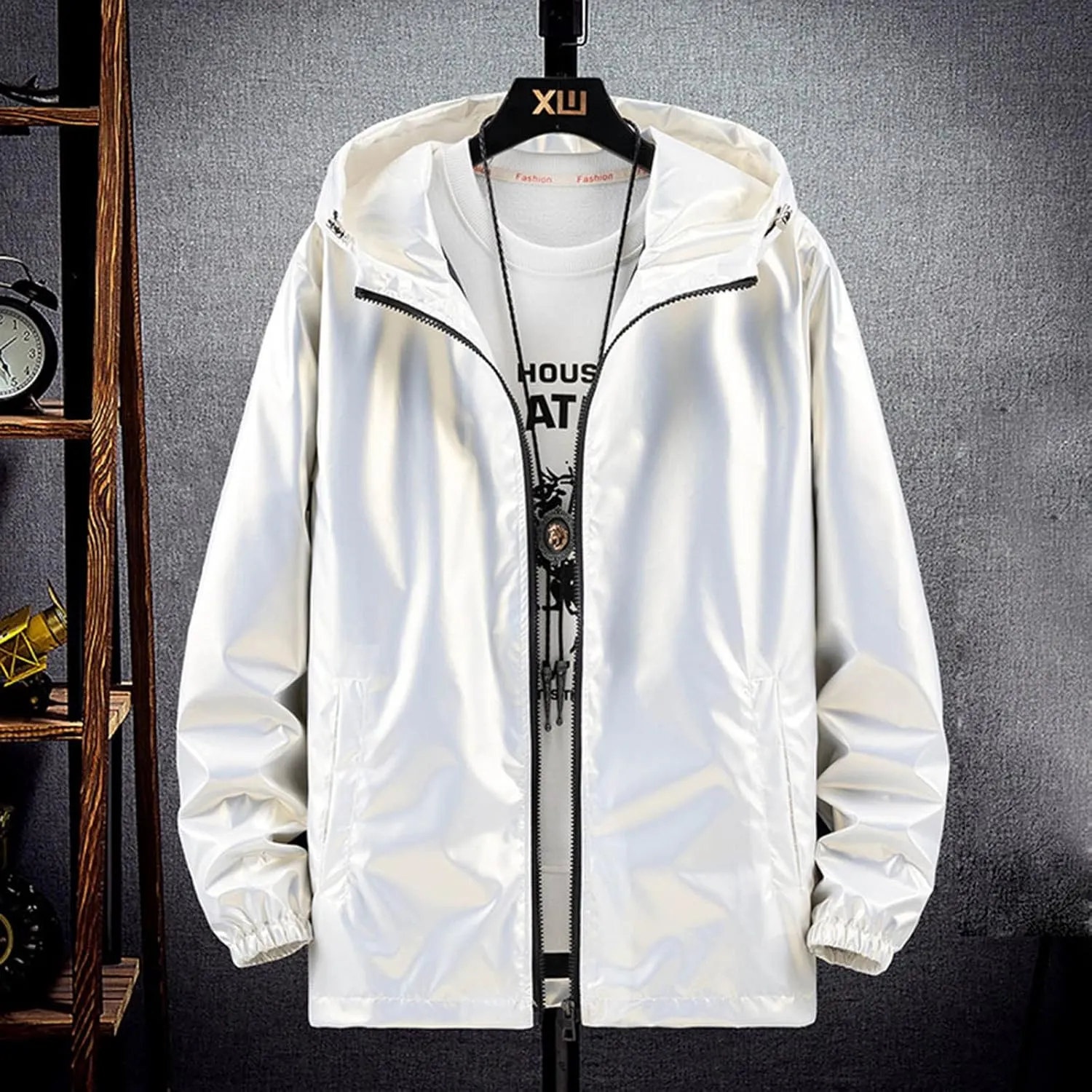 Mens Rain Jackets Waterproof with Hood Reflective Coat Hooded Windbreaker Fashion Runing Pocket Jacket