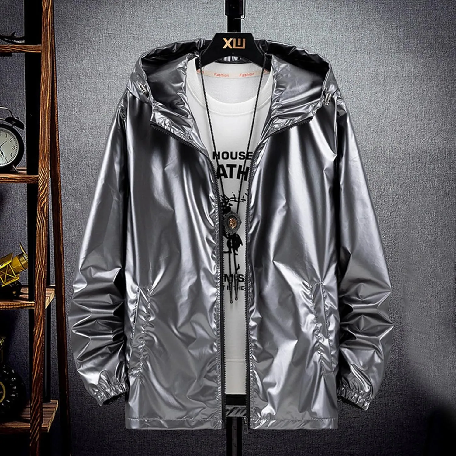 Mens Rain Jackets Waterproof with Hood Reflective Coat Hooded Windbreaker Fashion Runing Pocket Jacket