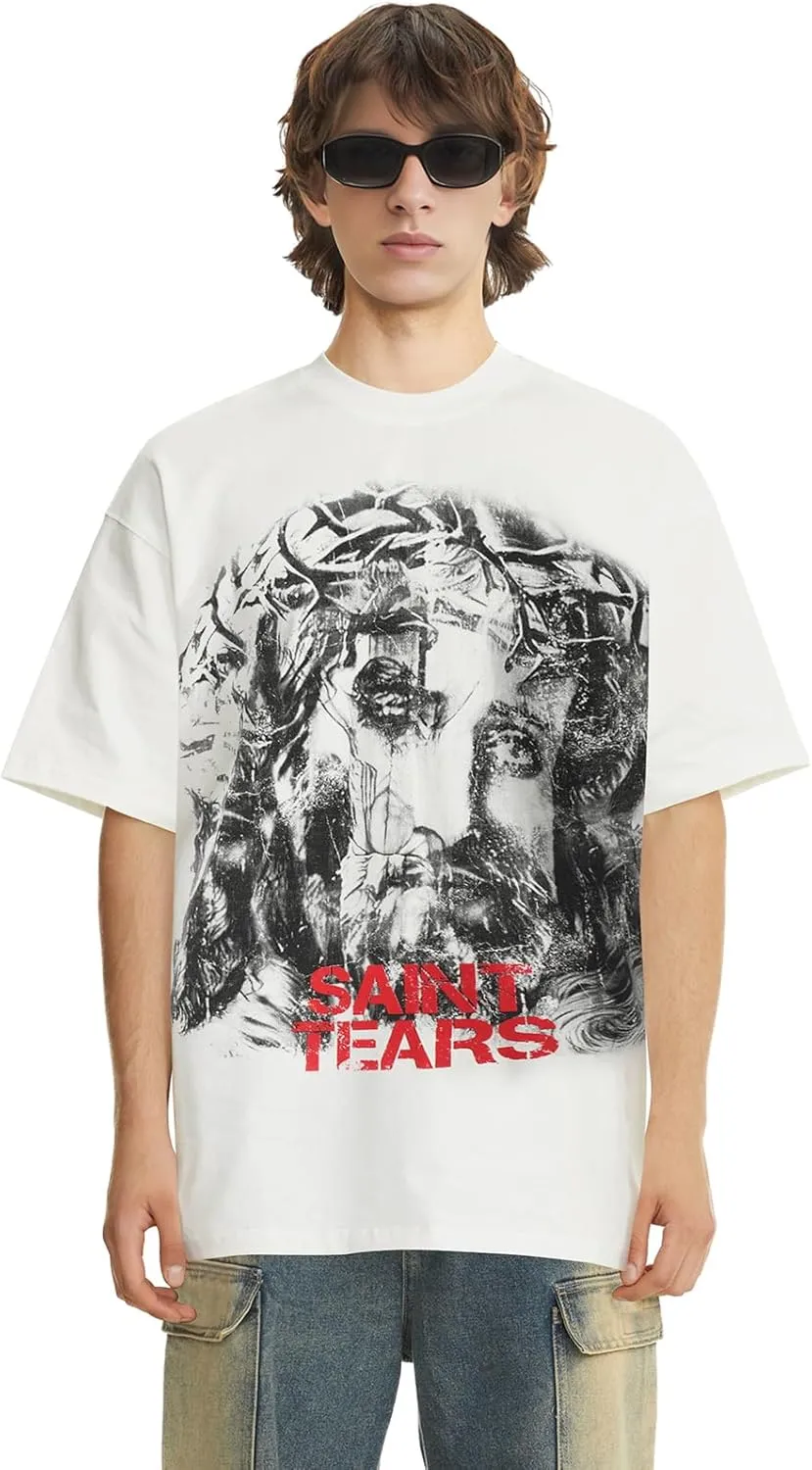 Men's Saint Graphic Print Oversized T-Shirt Casual Crewneck Short Sleeve Tops