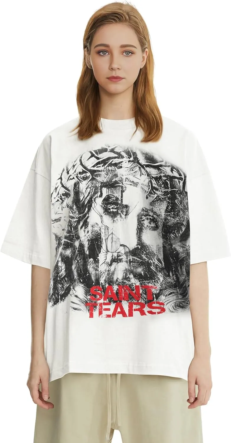 Men's Saint Graphic Print Oversized T-Shirt Casual Crewneck Short Sleeve Tops
