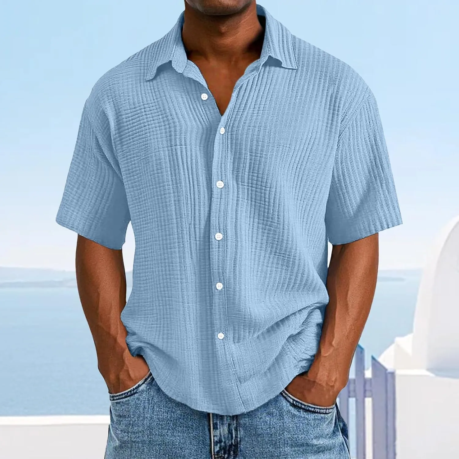 Mens Short Sleeve Casual Button Down Summer Shirts, Linen Textured Loose Fit, for Beach Vacation Fashion Tops