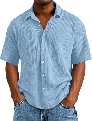 Mens Short Sleeve Casual Button Down Summer Shirts, Linen Textured Loose Fit, for Beach Vacation Fashion Tops