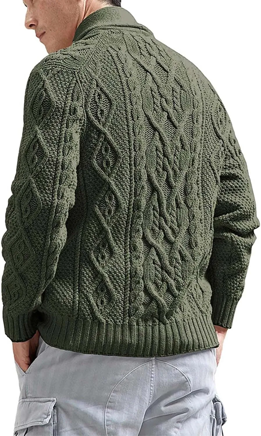 Mens Slimming Twist Knit Cardigan Sweaters Casual Long Sleeve Shawl Collar Button Down Knitted Sweaters with Pockets