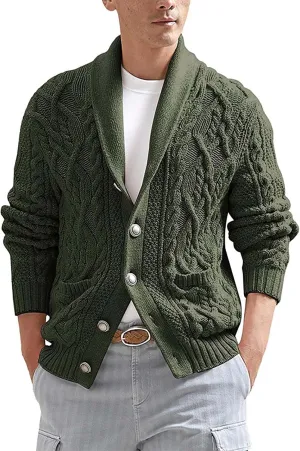 Mens Slimming Twist Knit Cardigan Sweaters Casual Long Sleeve Shawl Collar Button Down Knitted Sweaters with Pockets