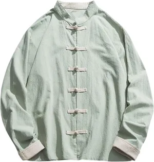 Men's Spring Summer Retro Chinese Style Frog Button Shirt Tang Suit Casual Long Sleeve Cotton Linen Top