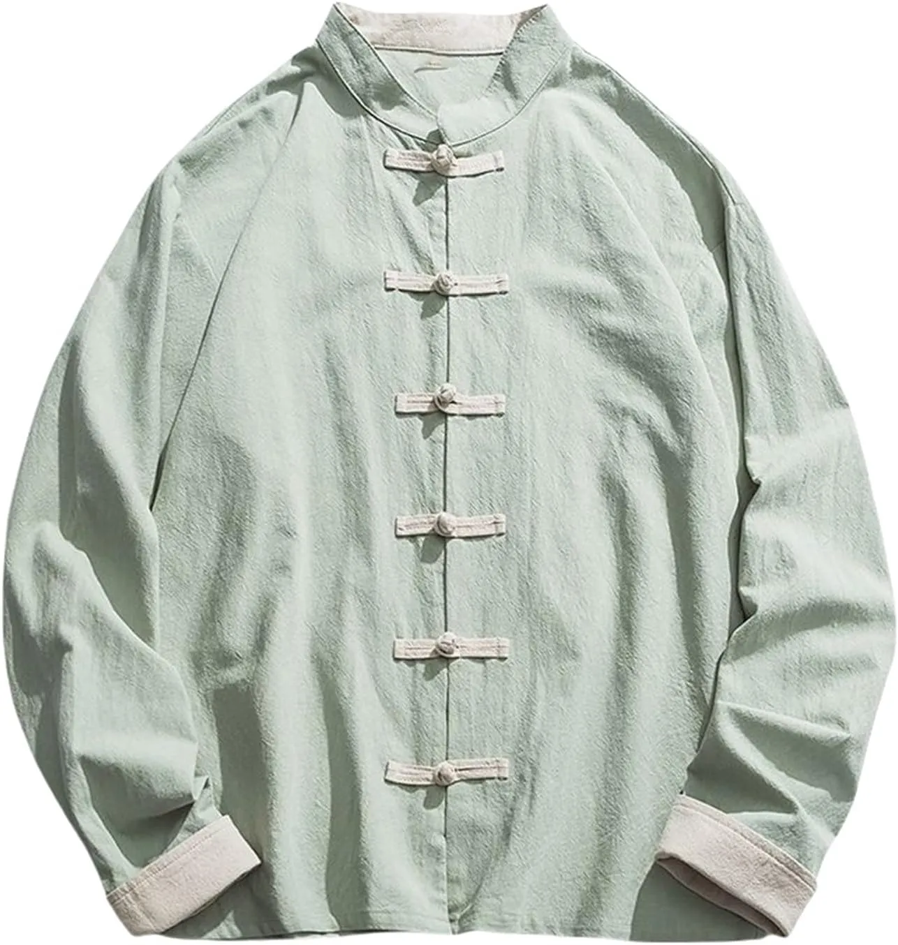 Men's Spring Summer Retro Chinese Style Frog Button Shirt Tang Suit Casual Long Sleeve Cotton Linen Top