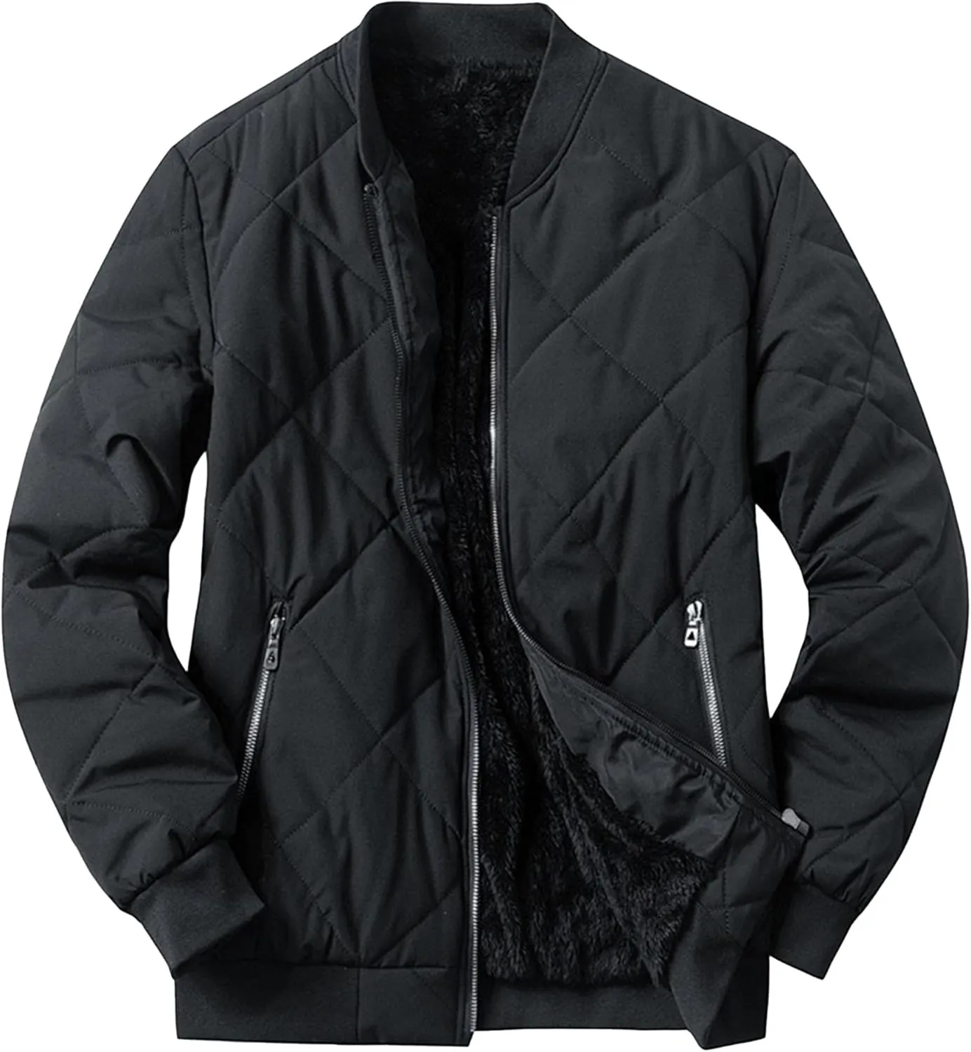 Men's Stand Collar Diamond Jacket Winter Full Zipper Bomber Outwear Fleece Lined Thermal Padded Jackets