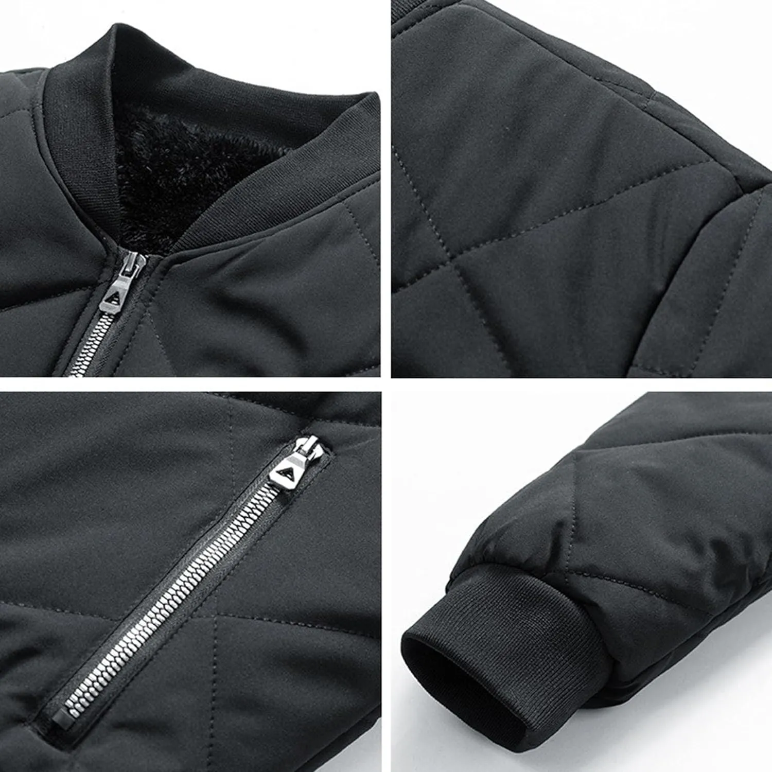 Men's Stand Collar Diamond Jacket Winter Full Zipper Bomber Outwear Fleece Lined Thermal Padded Jackets