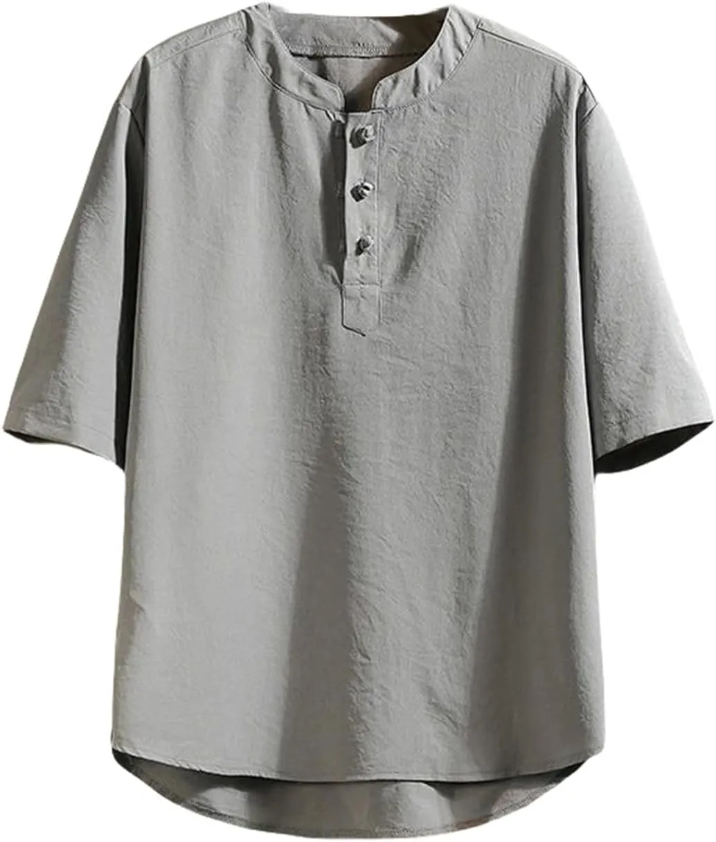 Men's Summer Casual Loose Fit Solid Color Chinese Style Hanfu Frog Button Short Sleeve Shirt