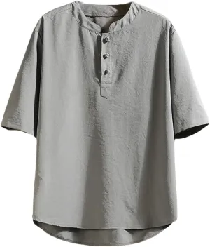 Men's Summer Casual Loose Fit Solid Color Chinese Style Hanfu Frog Button Short Sleeve Shirt