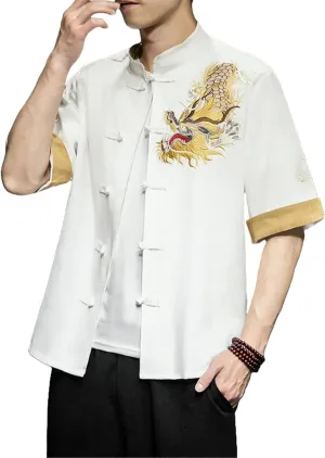 Men's Summer Chinese Style Front Dragon Embroidery Stand Collar Frog Button Short Sleeve Shirt