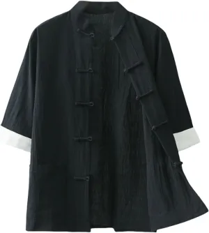 Men's Summer Lightweight Retro Chinese Style Tang Suit Pure Cotton Frog Button Short Sleeve Shirt Tea Wear
