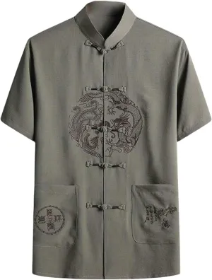 Men's Summer Retro Chinese Style Tang Suit Ice Silk Embroidered Short Sleeve Shirt