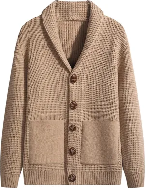 Mens Sweater Mens Shawl Neck Cardigan Sweater Cable Knit Button Down with Pockets Winter Jacket