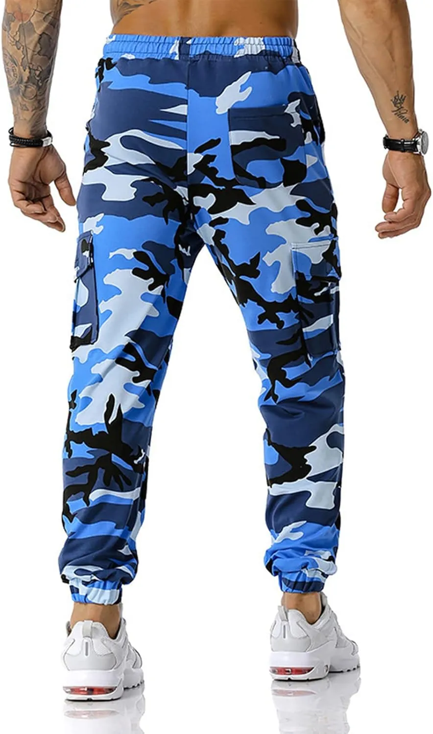 Mens Tactical Pants,Camo Cargo Pants Casual Outdoor Hiking Trousers Elastic Waist Drawstring Pocket Athletic Joggers