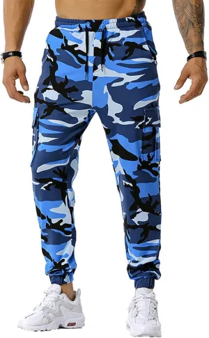 Mens Tactical Pants,Camo Cargo Pants Casual Outdoor Hiking Trousers Elastic Waist Drawstring Pocket Athletic Joggers