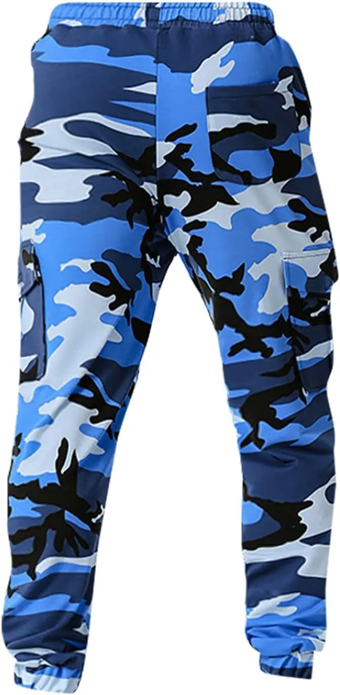 Mens Tactical Pants,Camo Cargo Pants Casual Outdoor Hiking Trousers Elastic Waist Drawstring Pocket Athletic Joggers