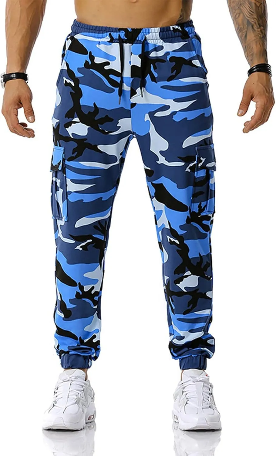 Mens Tactical Pants,Camo Cargo Pants Casual Outdoor Hiking Trousers Elastic Waist Drawstring Pocket Athletic Joggers