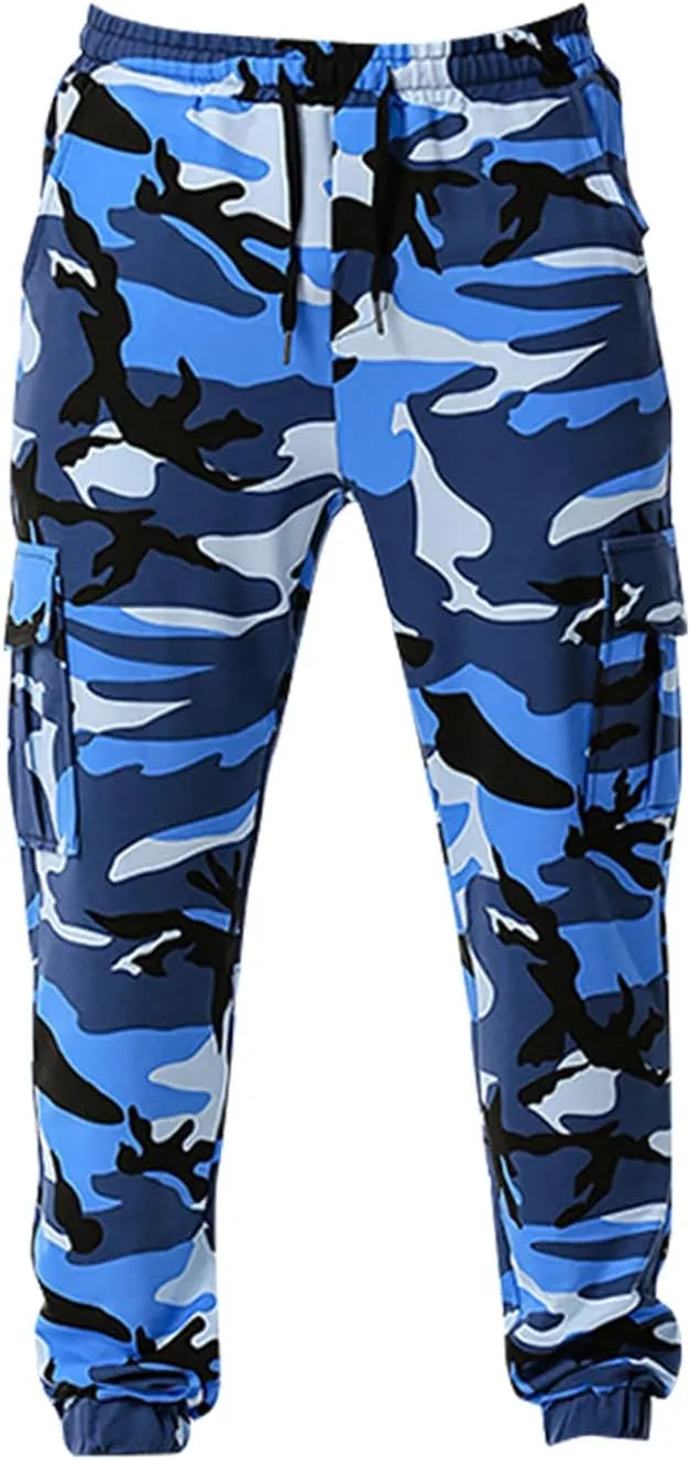 Mens Tactical Pants,Camo Cargo Pants Casual Outdoor Hiking Trousers Elastic Waist Drawstring Pocket Athletic Joggers
