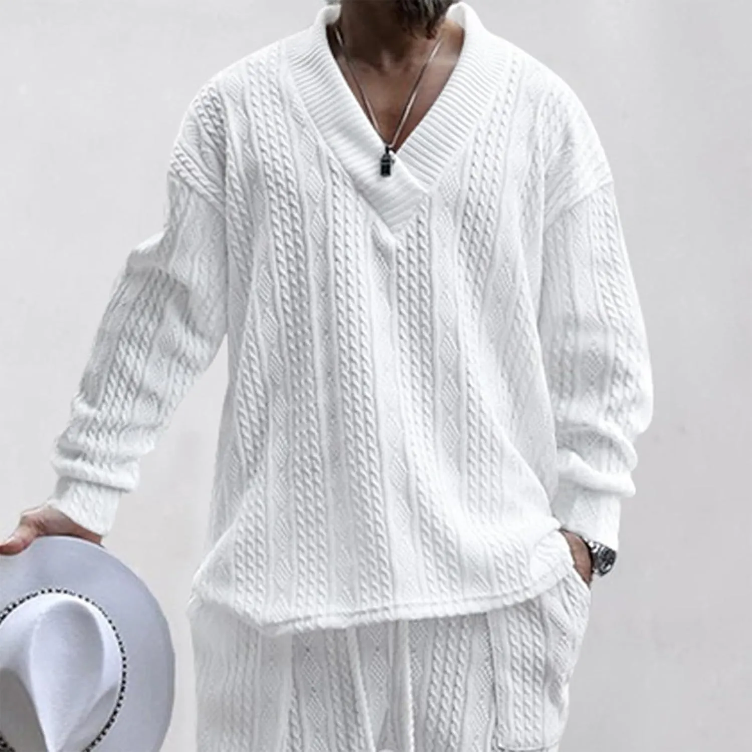 Mens V Neck Sweater Casual Loose Fit Long Sleeve Pullover Cable Knit Sweater Tops Knitwear
