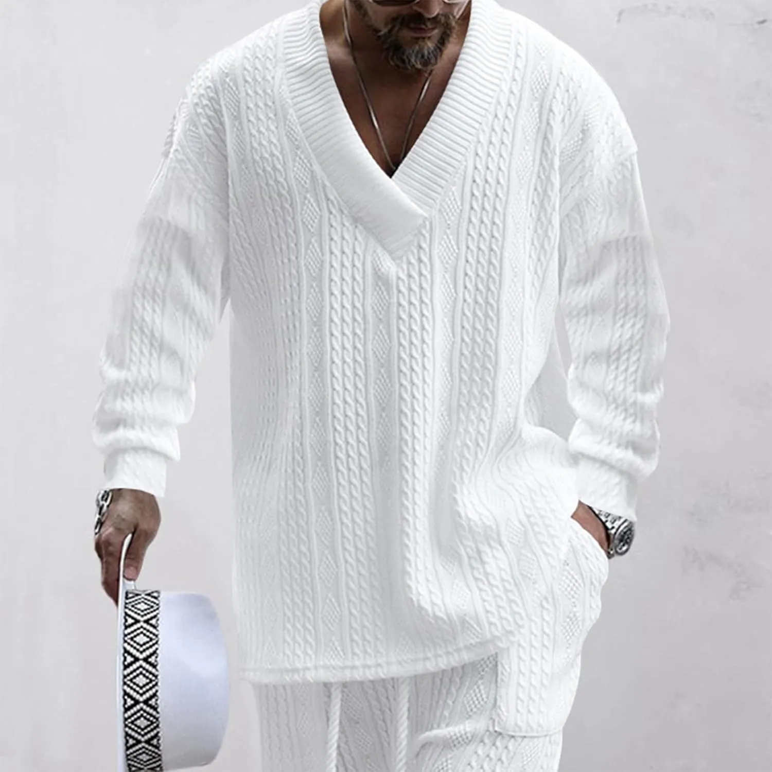 Mens V Neck Sweater Casual Loose Fit Long Sleeve Pullover Cable Knit Sweater Tops Knitwear