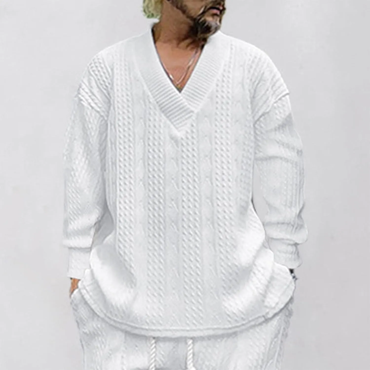 Mens V Neck Sweater Casual Loose Fit Long Sleeve Pullover Cable Knit Sweater Tops Knitwear