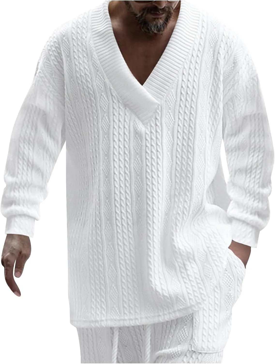 Mens V Neck Sweater Casual Loose Fit Long Sleeve Pullover Cable Knit Sweater Tops Knitwear