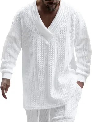 Mens V Neck Sweater Casual Loose Fit Long Sleeve Pullover Cable Knit Sweater Tops Knitwear