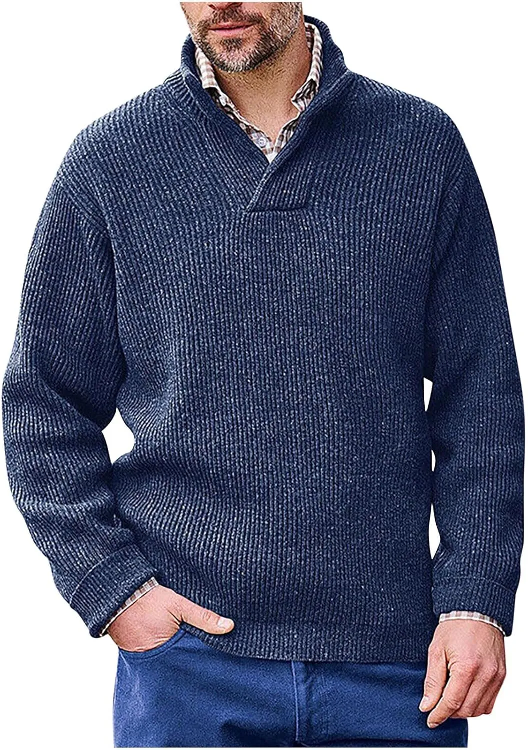 Men's V Neck Sweaters Slim Fit Long Sleeve Casual Comfy Pullover Sweater Knit Textured Mock Neck Thermal Sweaters