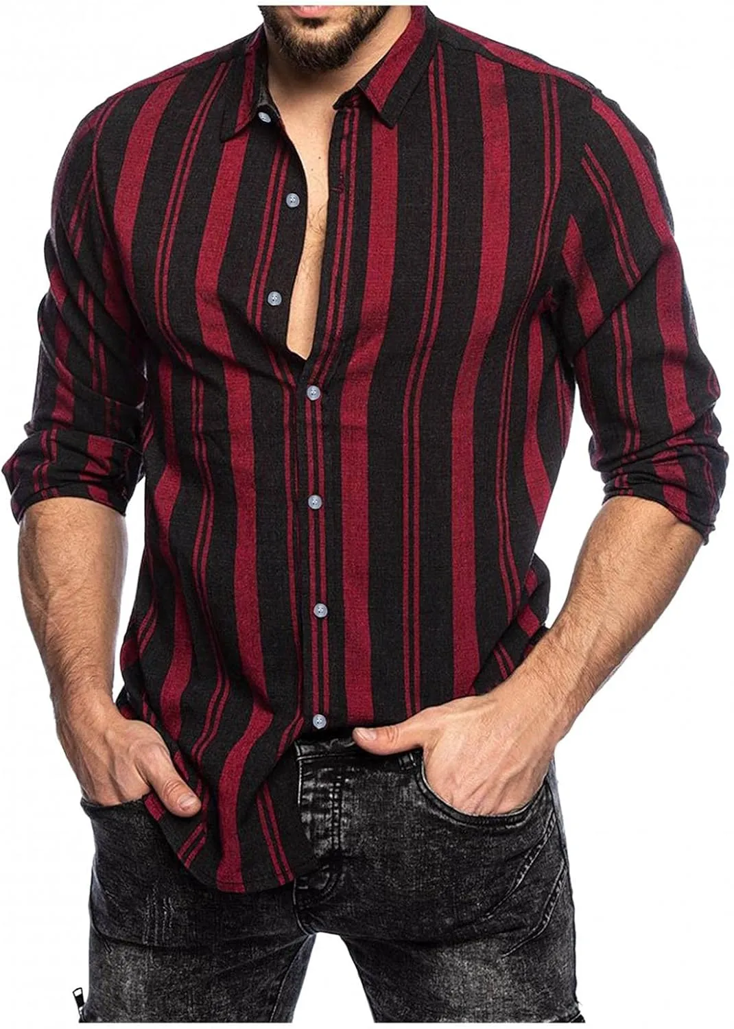Mens Vertical Striped Button Down Dress Shirts Long Sleeve Casual Comfort Slim Fit Business Stretch Oxford Shirts